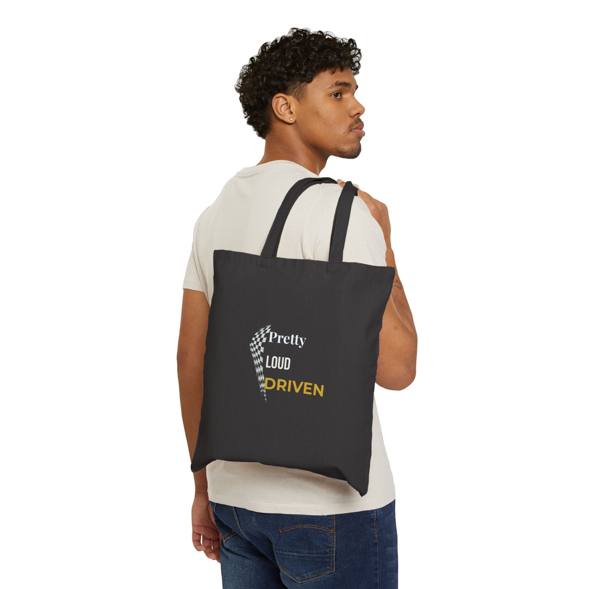 Pretty Loud Driven™ Tote Bag – Racing Flag Graphic Tote – Feminine Motorsport Streetwear – Empowered Women’s Tote Bag