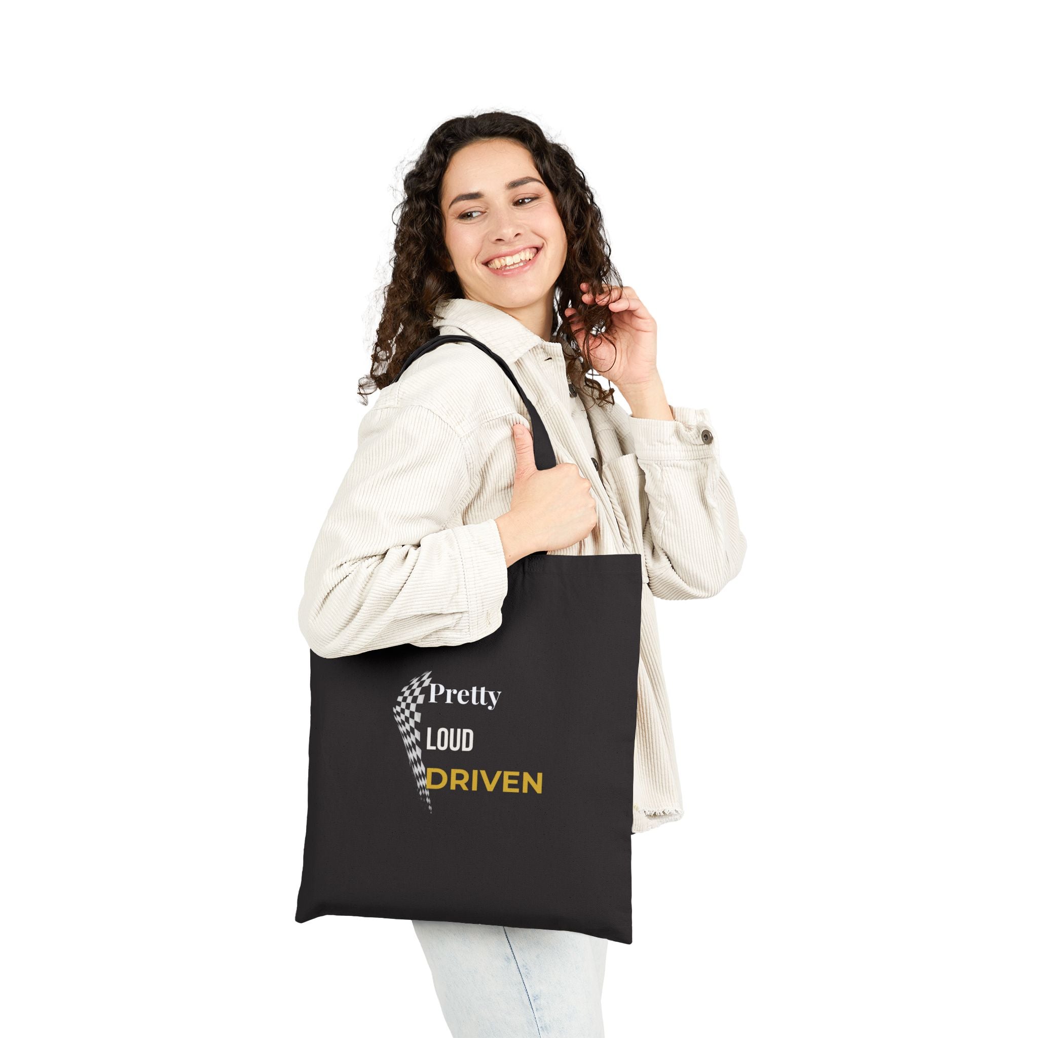 Pretty Loud Driven™ Tote Bag – Racing Flag Graphic Tote – Feminine Motorsport Streetwear – Empowered Women’s Tote Bag