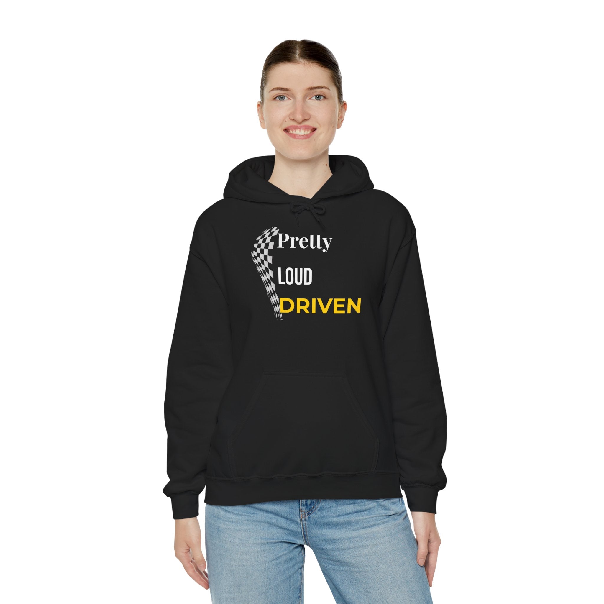 Pretty Loud Driven Hoodie • Racing Flag Hoodie for Women • Girl Racer Streetwear • Motivational Graphic Hoodie • Feminine Car Enthusiast Gift. Unisex