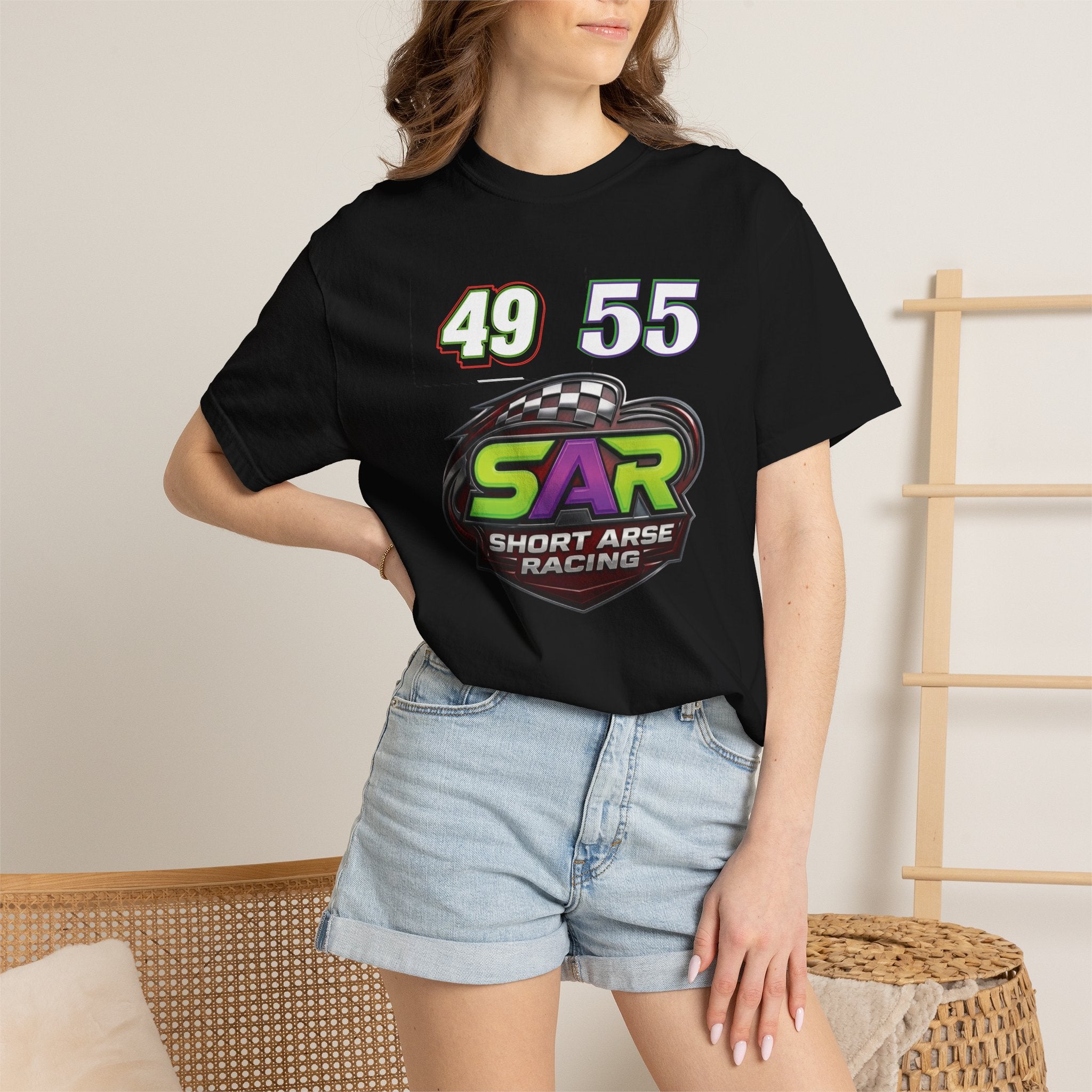 Short Arse Racing (SAR) Tee — Racing Logo T‑Shirt with 49 & 55 Numbers