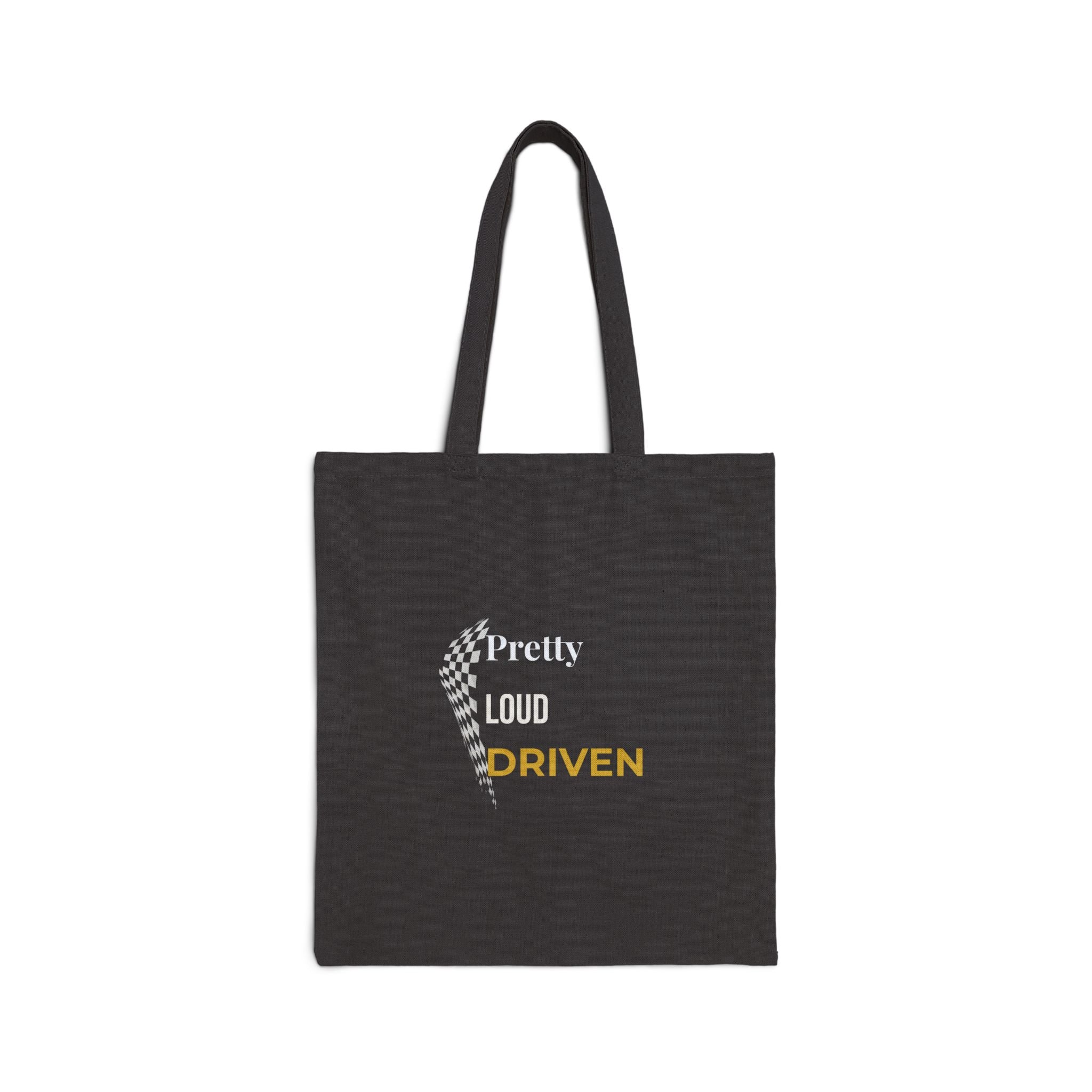 Pretty Loud Driven™ Tote Bag – Racing Flag Graphic Tote – Feminine Motorsport Streetwear – Empowered Women’s Tote Bag