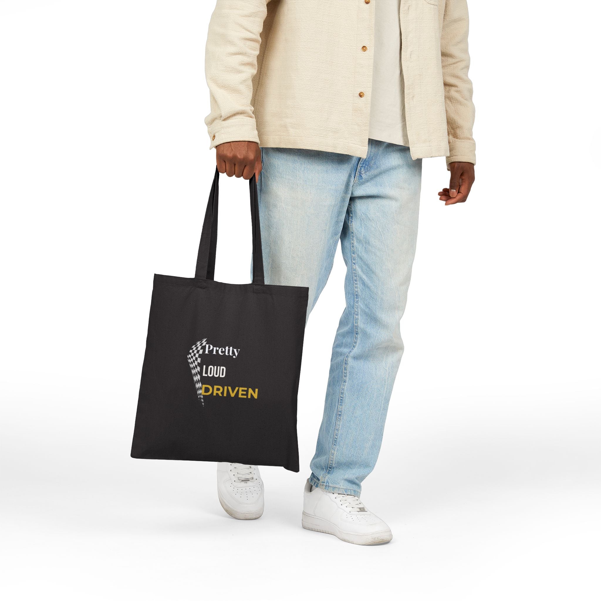 Pretty Loud Driven™ Tote Bag – Racing Flag Graphic Tote – Feminine Motorsport Streetwear – Empowered Women’s Tote Bag
