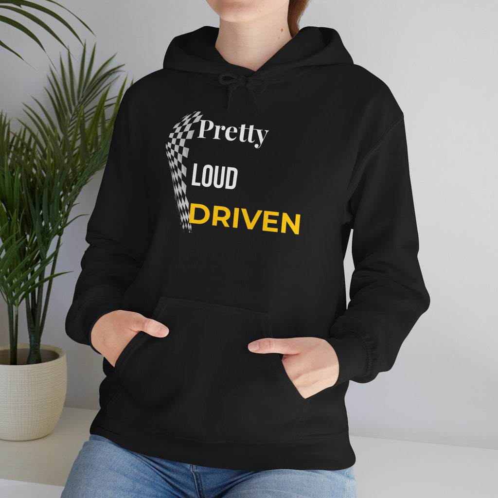 Pretty Loud Driven Hoodie • Racing Flag Hoodie for Women • Girl Racer Streetwear • Motivational Graphic Hoodie • Feminine Car Enthusiast Gift. Unisex