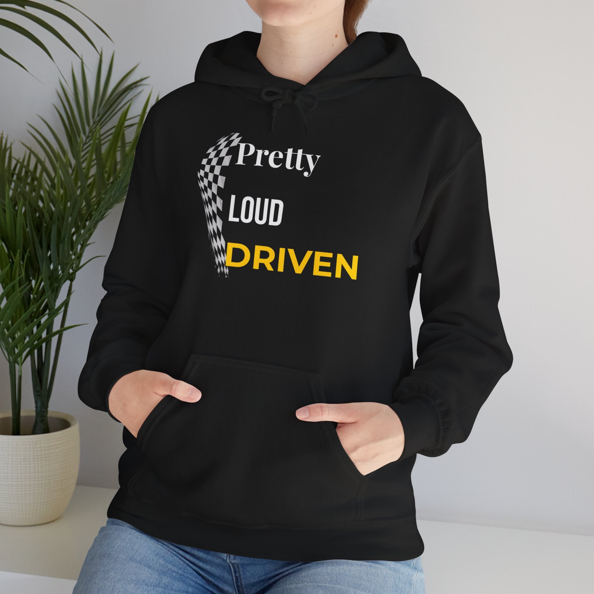 Pretty Loud Driven Hoodie • Racing Flag Hoodie for Women • Girl Racer Streetwear • Motivational Graphic Hoodie • Feminine Car Enthusiast Gift. Unisex