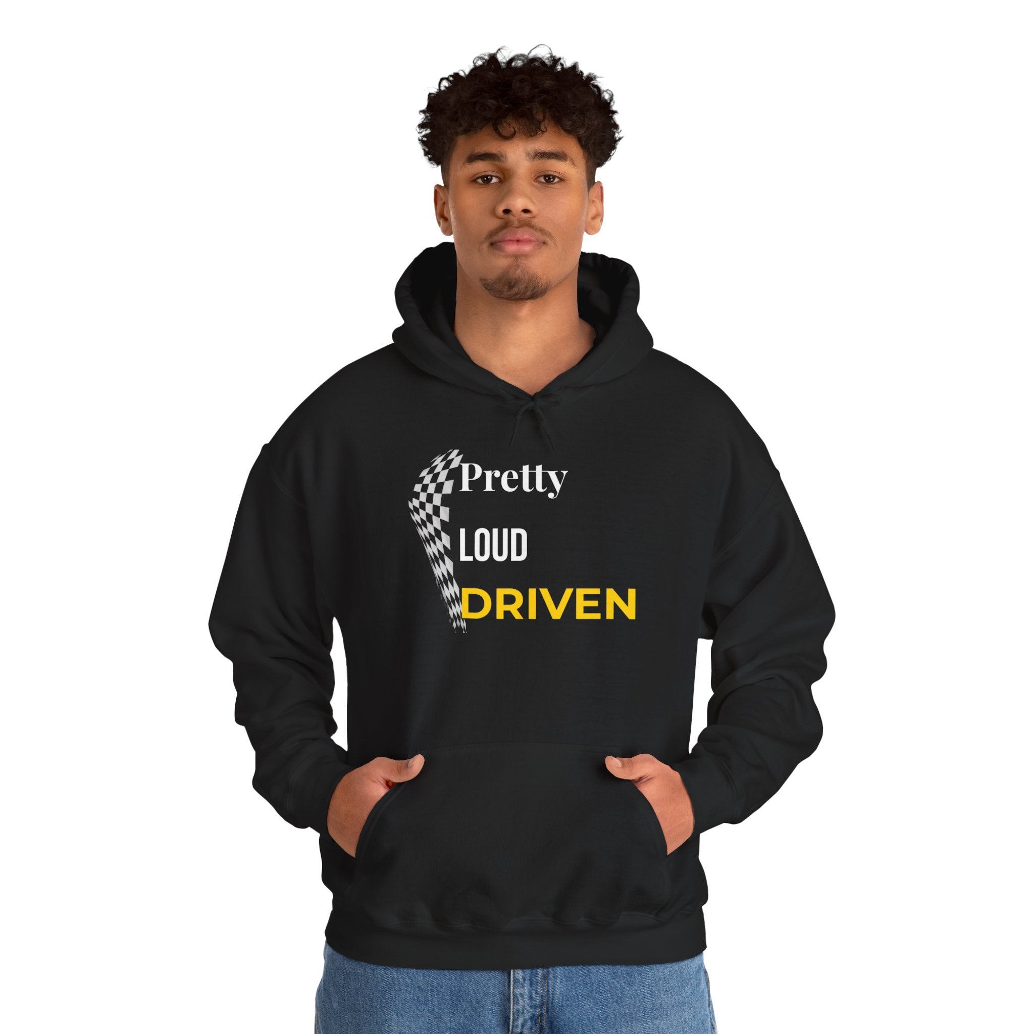 Pretty Loud Driven Hoodie • Racing Flag Hoodie for Women • Girl Racer Streetwear • Motivational Graphic Hoodie • Feminine Car Enthusiast Gift. Unisex